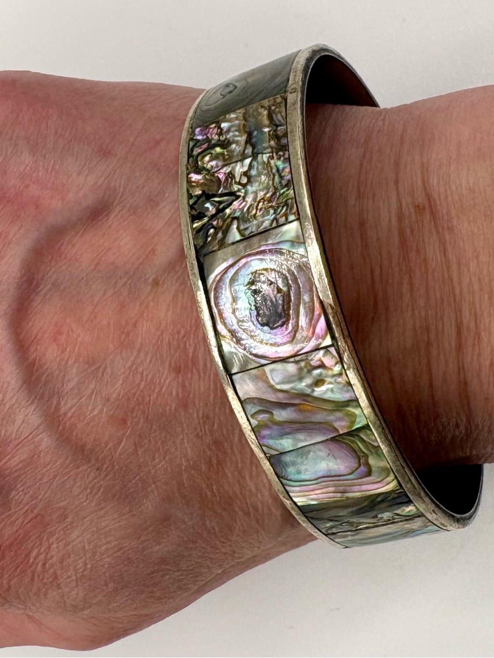 Vintage Mexico Alpaca Silver Abalone Shell Inlay Bangle Bracelet 7.75”